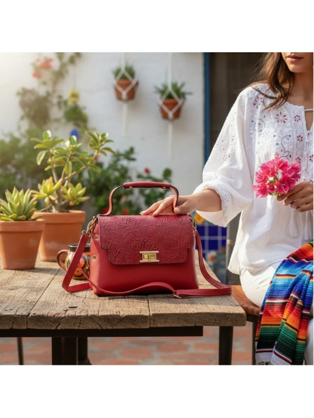 Red Floral Studded Embossed Artisan LEATHER Purse Handbag Crossbody Bag